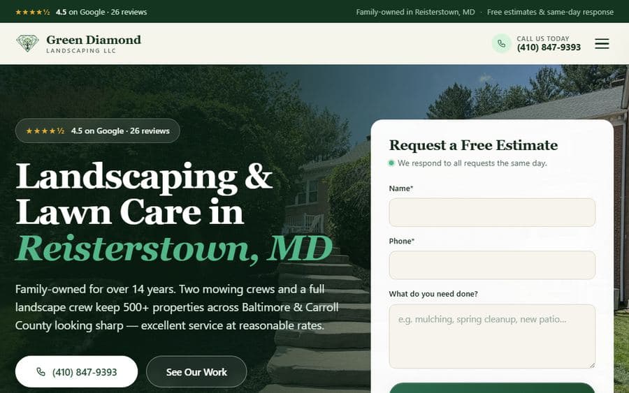 Screenshot of the live Green Diamond Landscaping website built by Summit