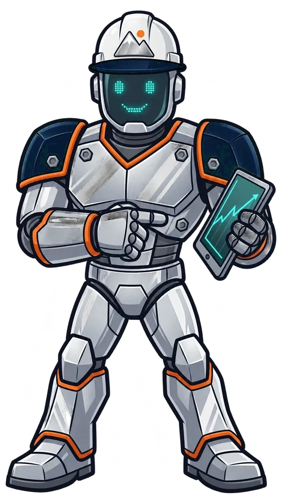 Summit robot mascot Crew Chief pointing at a tablet showing a chart