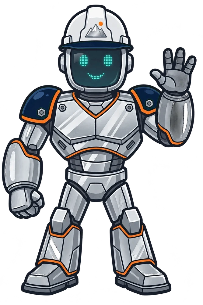 Crew Chief, the Summit AI Solutions robot mascot, waving