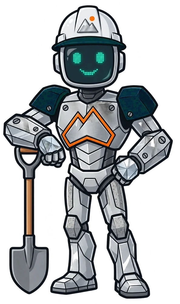 Iron Ridge, the Summit crew robot, leaning on a shovel