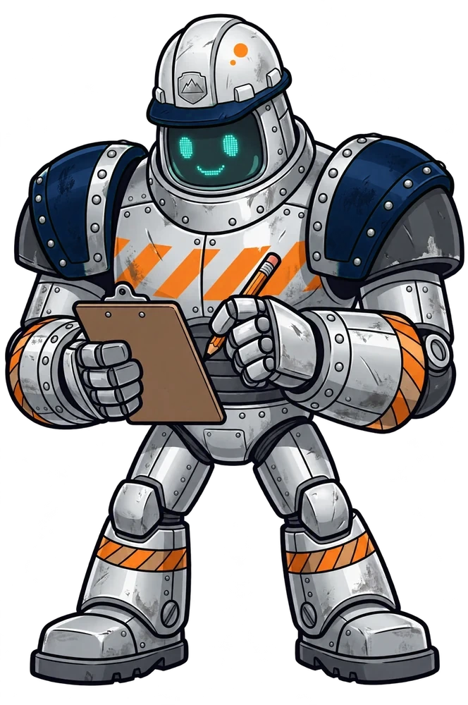 Steelworker, the Summit crew robot, checking a clipboard