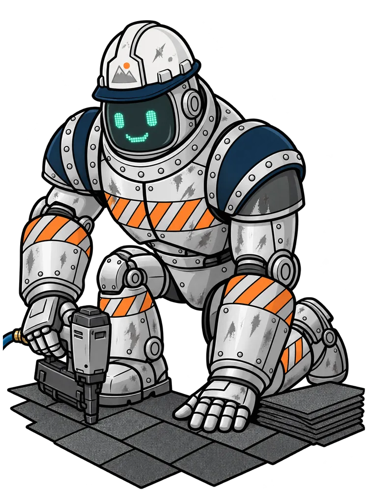 Steelworker, the Summit crew robot, nailing shingles on a roof